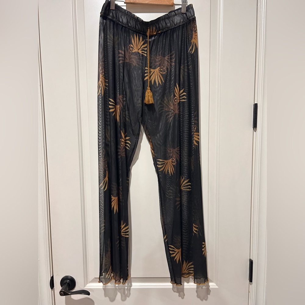 Sheer Black Swimsuit Cover-Up wide leg pants with Gold & bronze Leaf Pattern